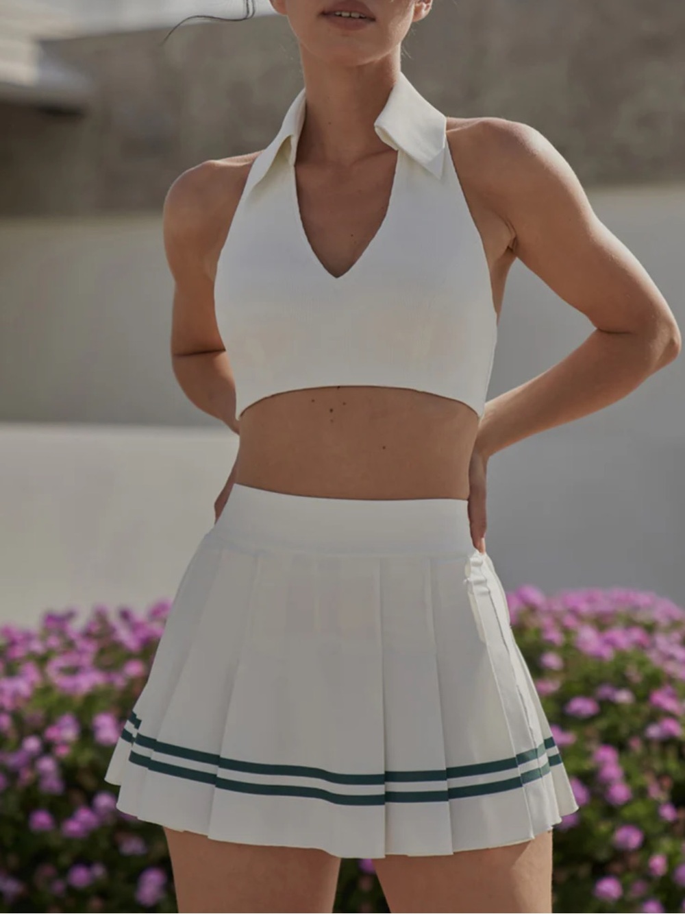 WISKII Women’s White Pleated Tennis Skirt and top with Striped Hem